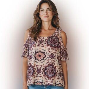 Free Kisses Patterned Cold Shoulder Blouse - Pink and Cream